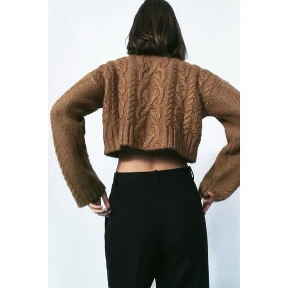 NWT ZARA Bloggers Fave Cable Knit Cropped Sweater Tan Brown Size Small - Picture 7 of 11